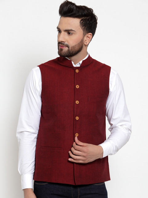

NEUDIS Men Maroon Solid Pure Cotton Nehru Jacket