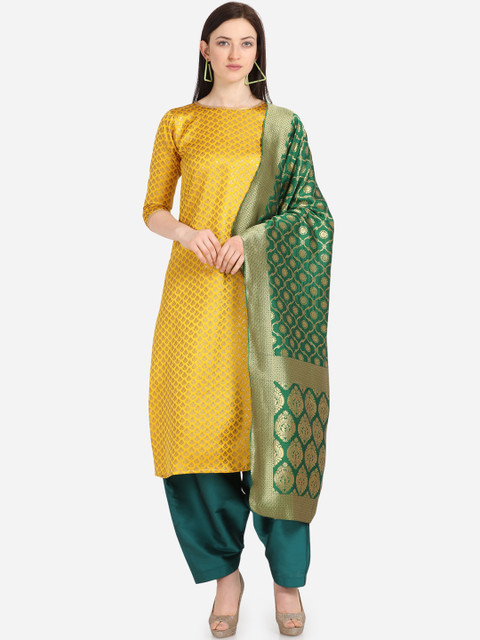

Kvsfab Yellow & Green Silk Blend Unstitched Dress Material