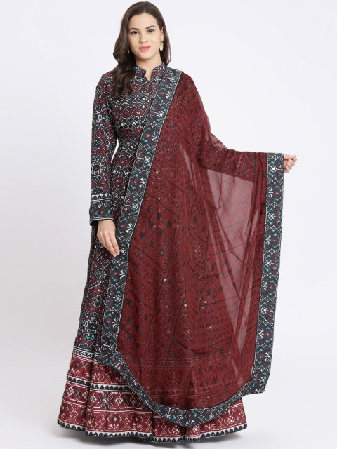 

Koskii Women Black & Maroon Printed A-Line Dress with Dupatta