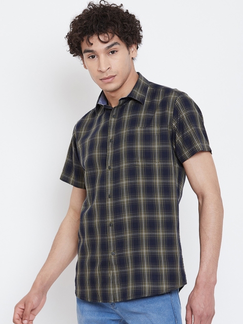 

METTLE Men Navy Blue & Yellow Regular Fit Checked Casual Shirt
