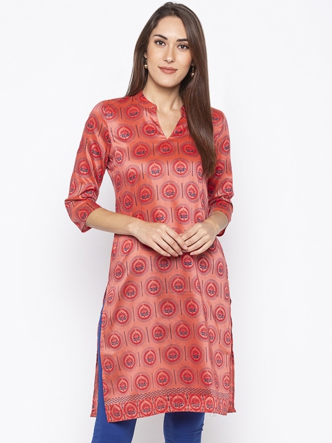 

Globus Women Coral Orange Printed Straight Kurta
