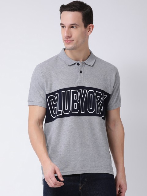 

Club York Men Grey & Navy Blue Printed Polo Collar T-shirt