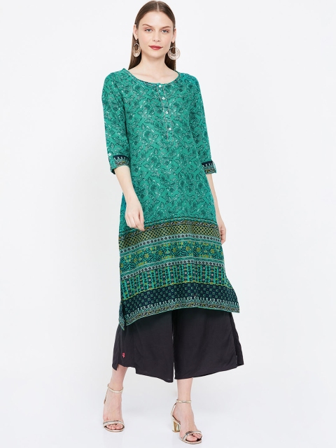 Melange by Lifestyle Women Green & Black Printed Straight Kurta