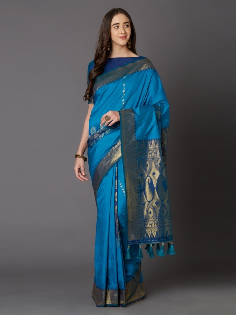 

Mitera Blue & Gold-Coloured Silk Blend Woven Design Banarasi Saree