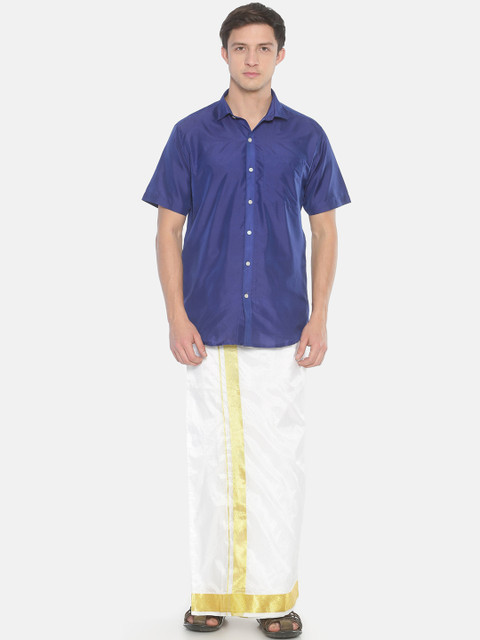 

Sethukrishna Men Blue & Off-White Solid Dhoti Shirt Set