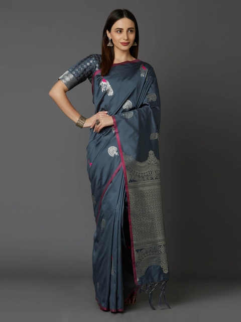 

Mitera Grey & Silver-Coloured Silk Blend Woven Design Banarasi Saree