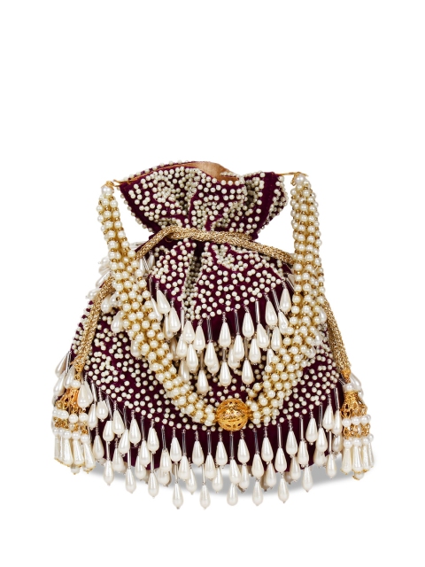 Anekaant Purple & White Embellished Tasselled Clutch