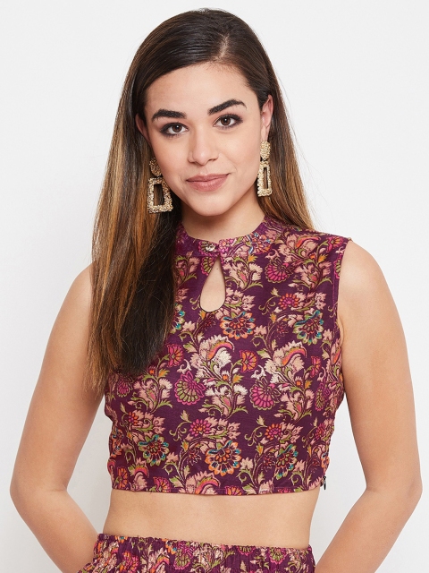 

Castle Women Burgundy & Green Woven Design Keyhole Neck Saree Blouse