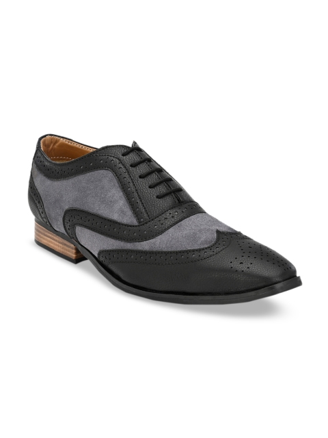 

LUJO Men Black & Grey Textured Leather Formal Brogues
