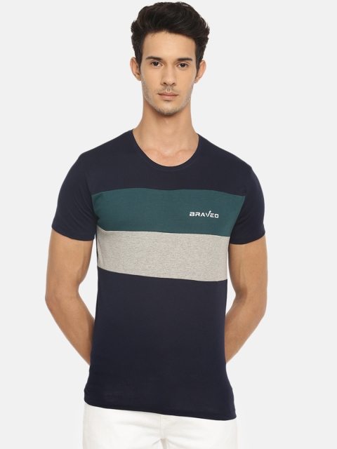 

Braveo Men Navy Blue & Green Colourblocked Round Neck T-shirt