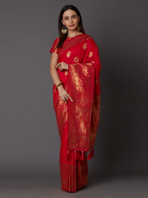 

Mitera Pink & Gold-Coloured Silk Blend Woven Design Banarasi Saree