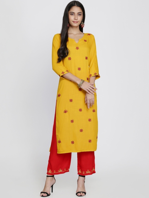 

Adizya Women Mustard Yellow & Red Embroidered Kurta with Palazzos