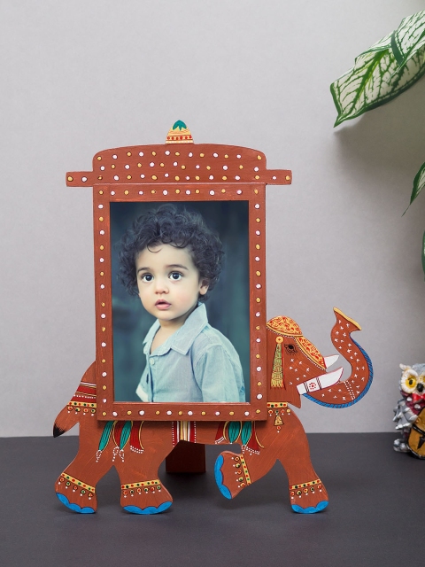 

Golden Peacock Brown & Yellow Hand-Painted Elephant Wooden Table-Top Photo Frame