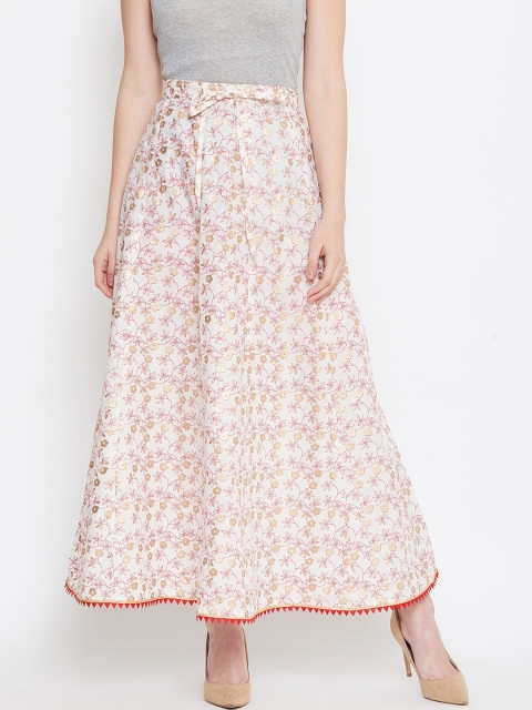 

Tulsattva Women Off White & Pink Printed Flared Maxi Skirt