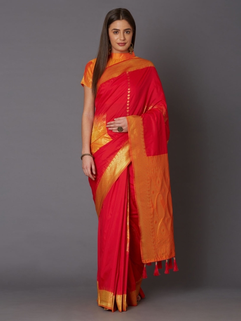 

Mitera Red & Yellow Silk Blend Solid Banarasi Saree