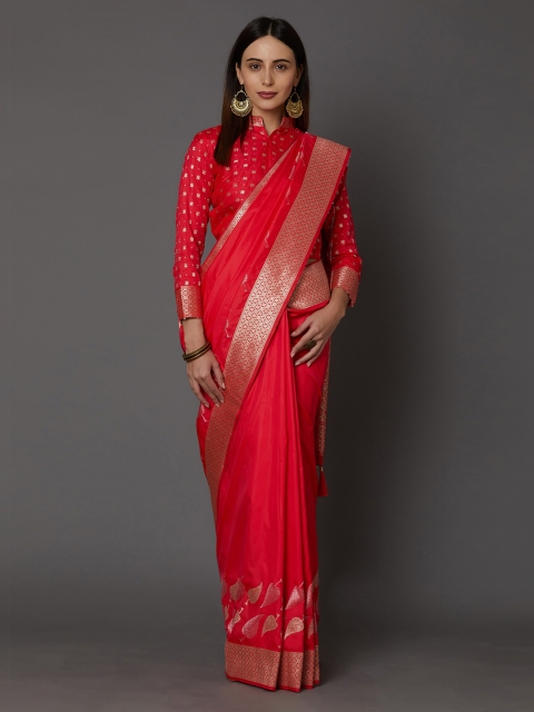

Mitera Pink & Gold-Coloured Silk Blend Woven Design Banarasi Saree