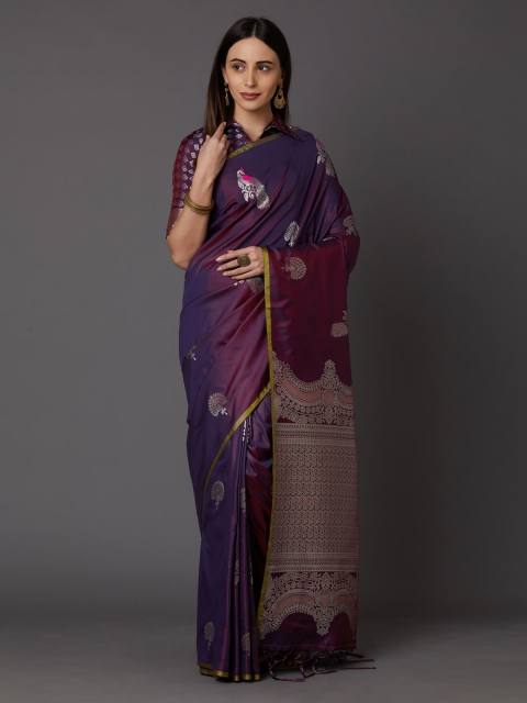 

Mitera Purple & Silver-Toned Silk Blend Woven Design Banarasi Saree