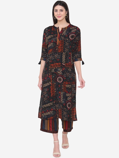 

Laabha Women Black & Orange Printed Kurta with Palazzos