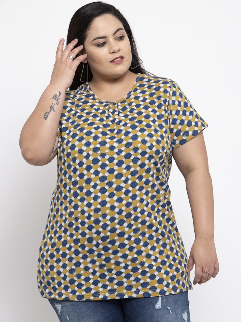 

plusS Women Mustard Yellow & Navy Blue Printed Round Neck T-shirt