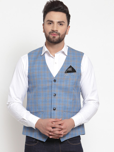 

NEUDIS Men Blue & Black Checked Waistcoat