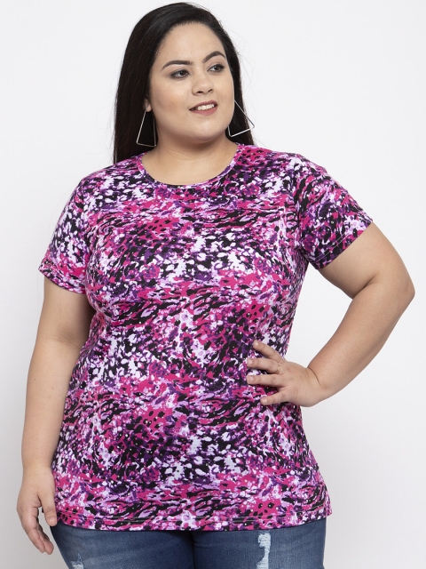 

plusS Women Pink & Purple Printed Round Neck T-shirt