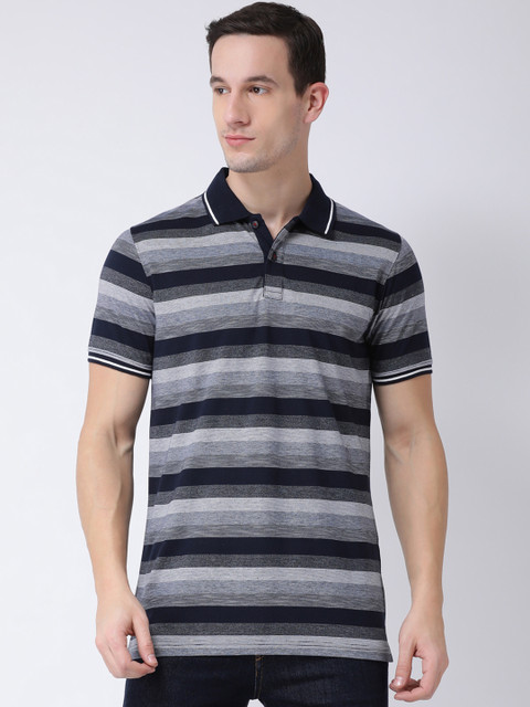 

Club York Men Navy Blue & Grey Striped Polo Collar T-shirt