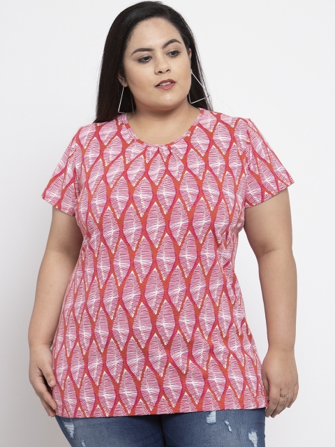 

plusS Women Pink & Off-White Printed Round Neck T-shirt