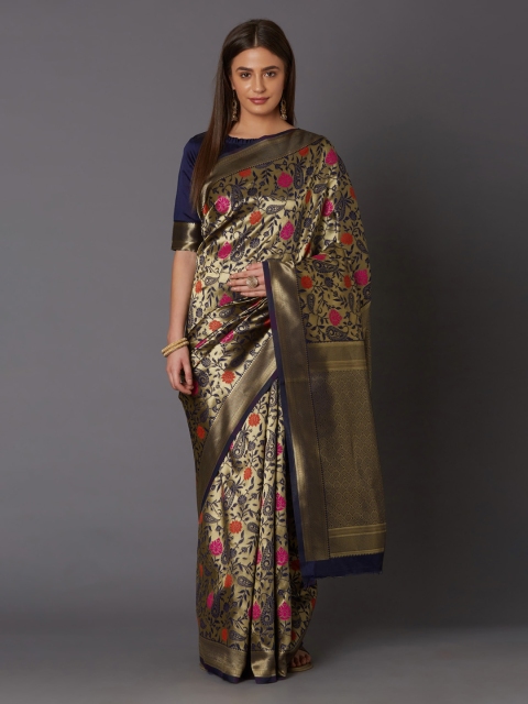

Mitera Navy Blue & Gold-Toned Silk Blend Woven Design Banarasi Saree