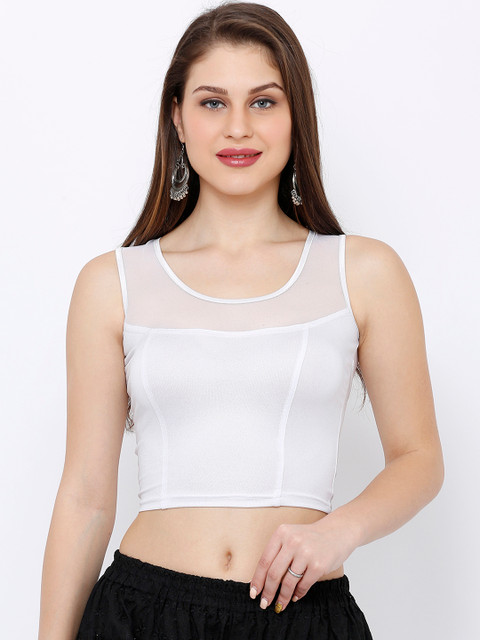 

SALWAR STUDIO Women Off-White Solid Yoke Net Stretchable Back Zip Readymade Saree Blouse