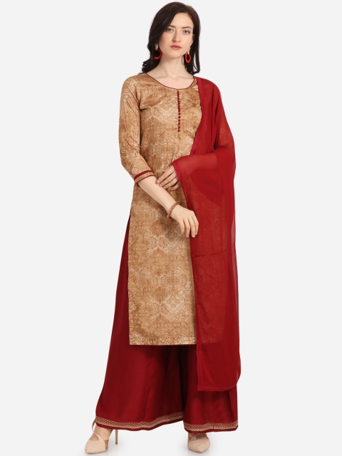 

Kvsfab Beige & Maroon Cotton Blend Unstitched Dress Material