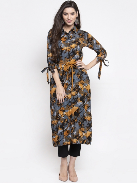 

Indibelle Women Grey & Yellow Printed Kurti with Trousers