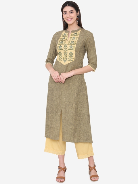Laabha Women Green & Beige Embroidered Kurta with Palazzos
