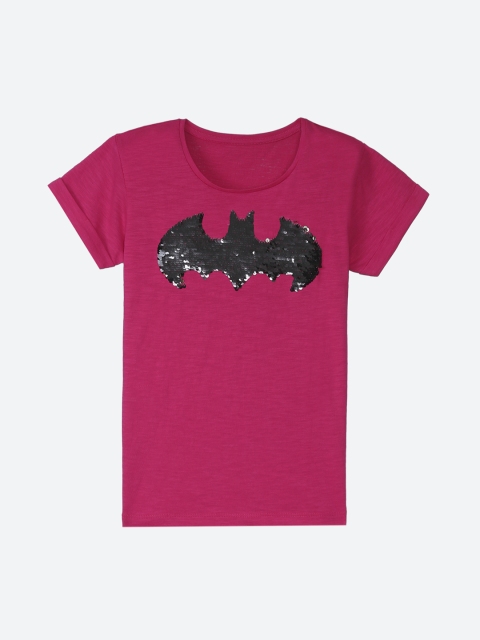 

Kids Ville Girls Pink Black Batgirl Sequinned Round Neck Pure Cotton T-shirt