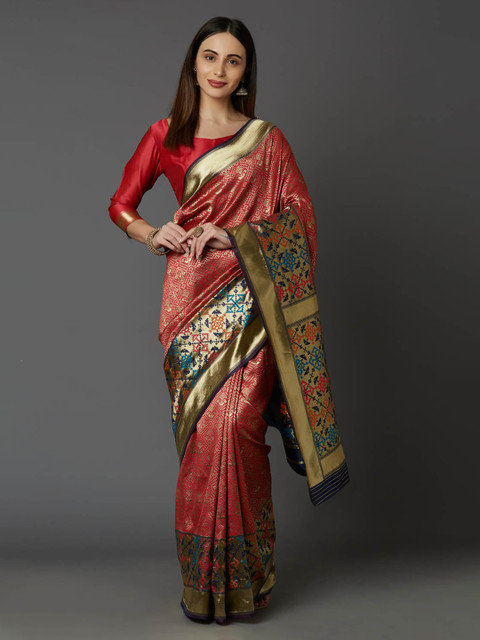 

Mitera Red & Gold-Toned Silk Blend Woven Design Banarasi Saree