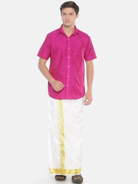 

Sethukrishna Men Pink & Off-White Solid Shirt with Dhoti