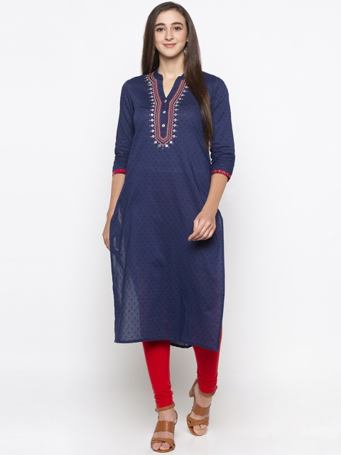 

Globus Women Navy Blue Embroidered Straight Kurta
