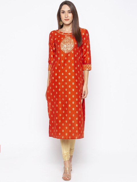

Globus Women Orange Printed Straight Kurta