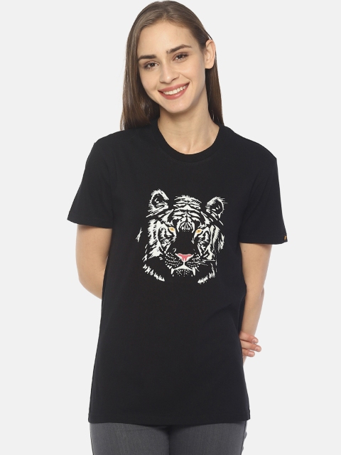 Wolfpack Women Black Printed Round Neck T-shirt