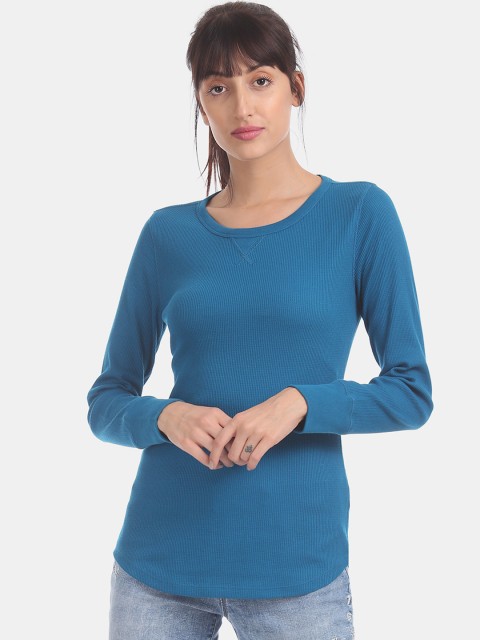 

GAP Women Blue Self Design Round Neck T-shirt
