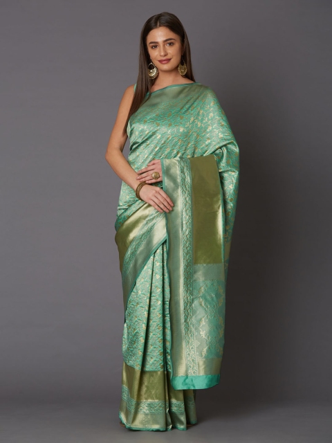 

Mitera Green & Gold-Coloured Silk Blend Woven Design Banarasi Saree