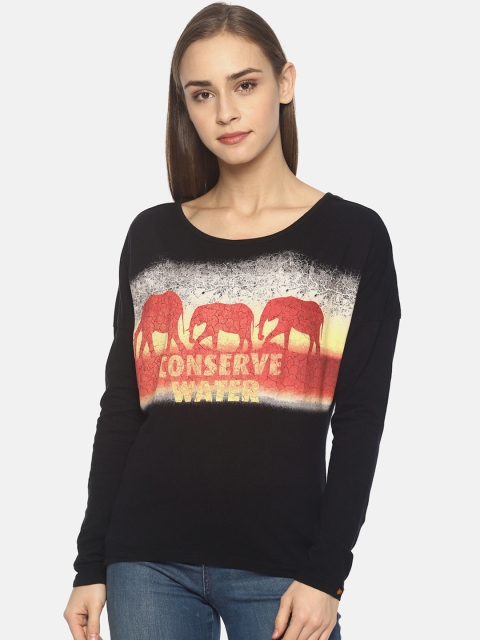 Wolfpack Women Black Printed Round Neck T-shirt