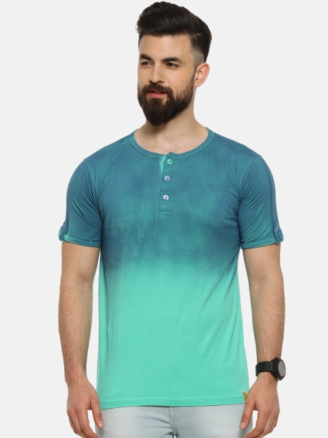 

Campus Sutra Men Green & Teal Blue Dyed Henley Neck T-shirt