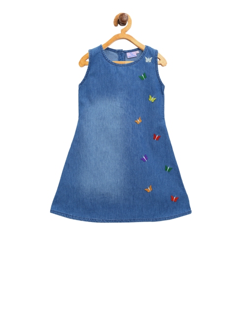 

Aatu Kutty Girls Blue Embroidered Denim A-Line Dress