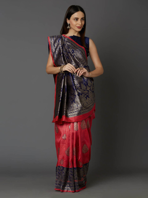 

Mitera Red & Navy Blue Silk Blend Woven Design Banarasi Saree