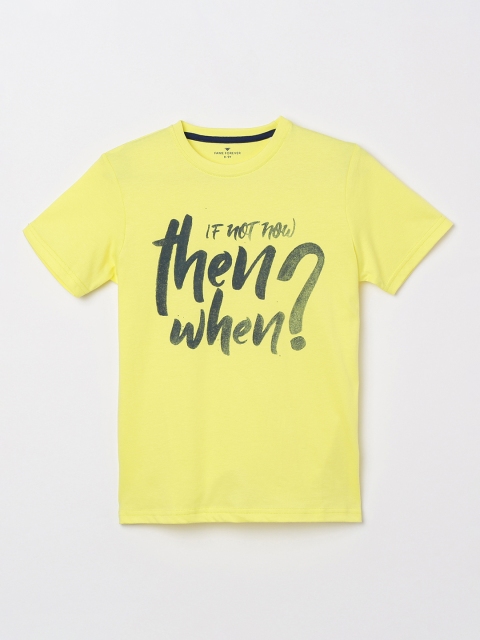

Fame Forever by Lifestyle Boys Yellow & Navy Blue Printed Round Neck T-shirt