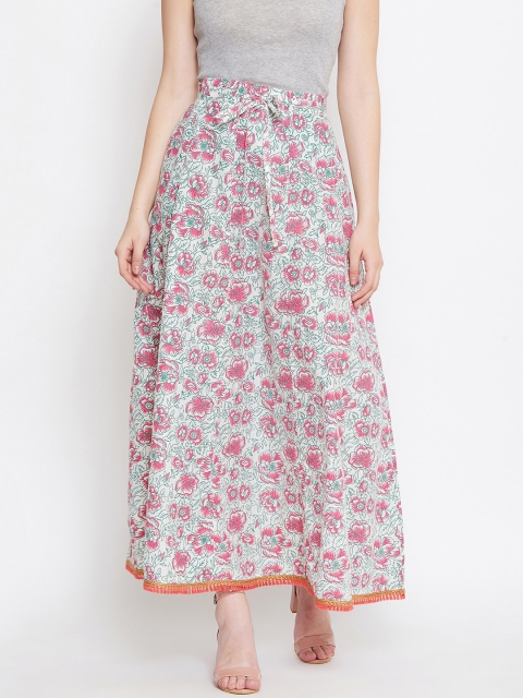 

Tulsattva Women Off White & Pink Printed Flared Maxi Skirt