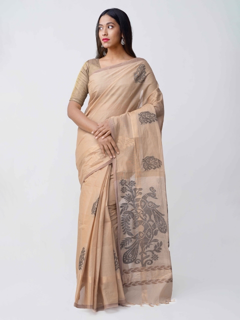 

Unnati Silks Beige & Grey Pure Cotton Handloom Woven Design Uppada Saree