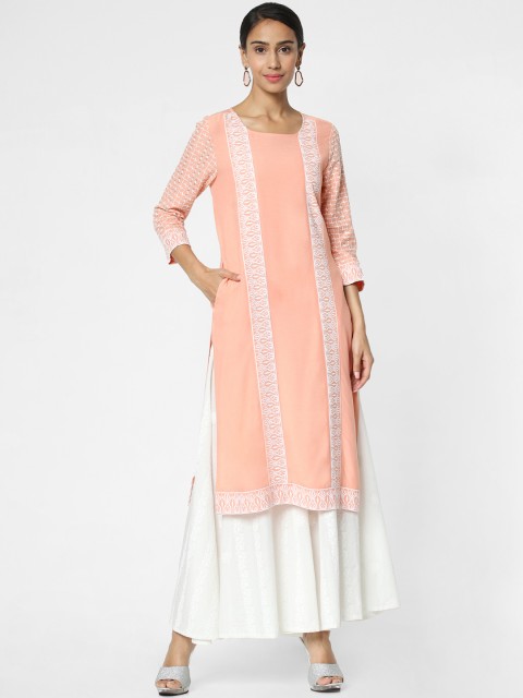 

Naari Women Peach-Coloured & White Embroidered A-Line Kurta