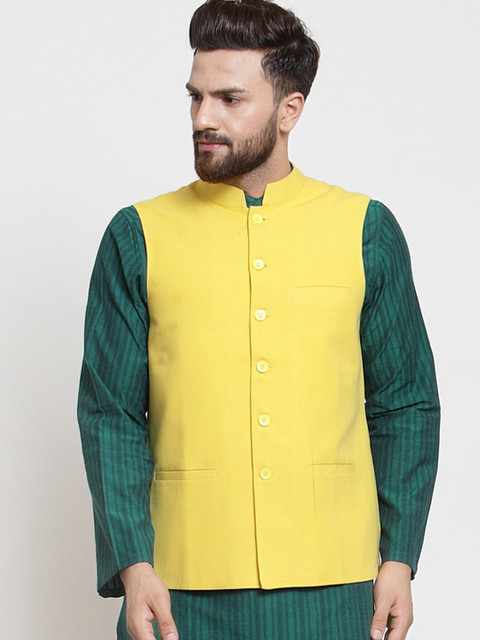 

NEUDIS Men Yellow Solid Woven Pure Cotton Nehru Jacket