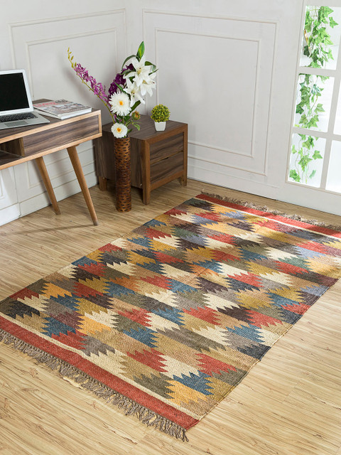 

Jaipur Rugs Brown & Blue Ethnic Motifs Jute Hemp Kilim Handmade Carpet